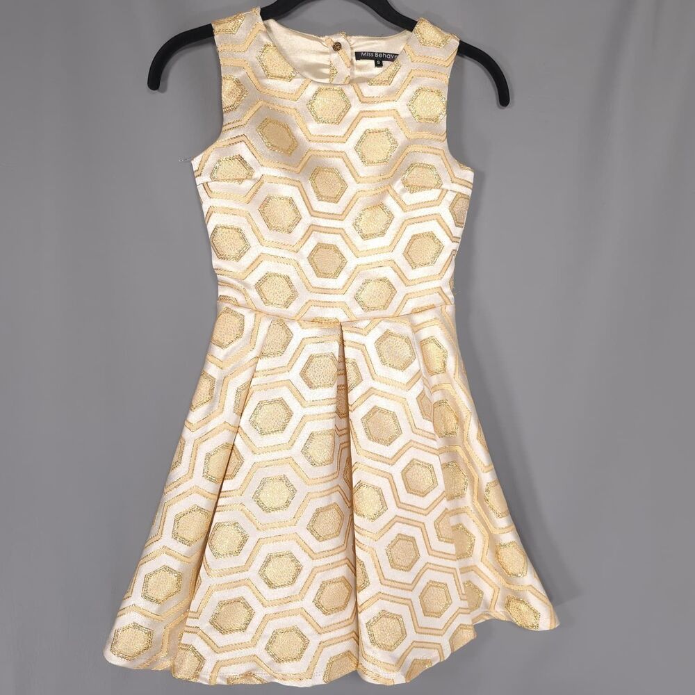 MISS BEHAVE Girls Fit Flare‎ Dress SMALL Metallic Gold GD1340GLD-INGRID